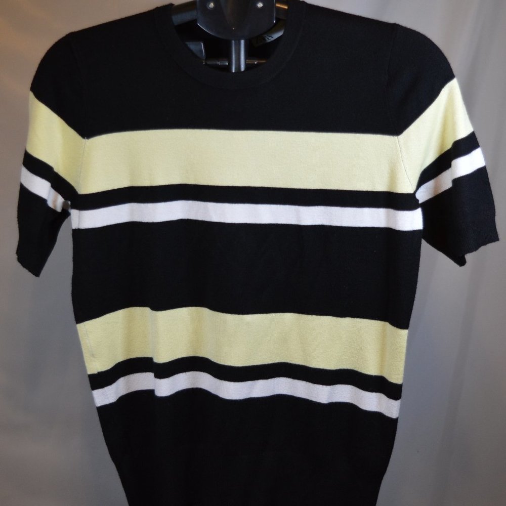 Zara Sz Large Black, Cream & White Striped Cotton/Poly Short Sleeve Sweater